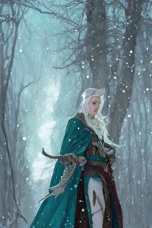 Image similar to portrait of a handsome pointy - eared male snow elf in a turquoise cape and silver ornate armour, albino skin, androgynous face, mid - shot, moonlight snowing, ethereal opalescent mist, winter vibes, perfect face, elegant, very coherent symmetrical artwork, by greg rutkowski, alphonse mucha, charlie bowater, trending on artstation