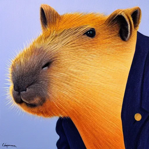 Prompt: capybara wearing a suit, portrait, painting, high quality art