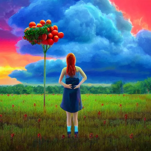 Image similar to giant tomato plant in front of head, full body girl dancing in a tomato garden, surreal photography, sunrise, dramatic light, impressionist painting, colorful clouds, digital painting, artstation, simon stalenhag