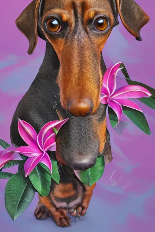 Image similar to ultra realistic illustration, portrait of a dachshund plumeria tropical bouquet background, close up shot, fantasy, intricate, elegant, highly detailed, digital painting, artstation, concept art, smooth, sharp focus, illustration, surrealism