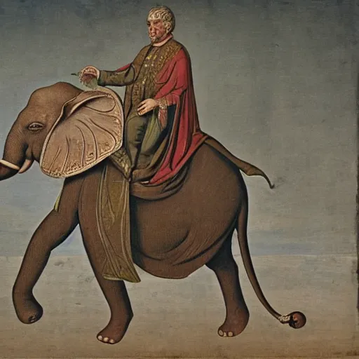 Prompt: emperor claudius riding an elephant in to colchester
