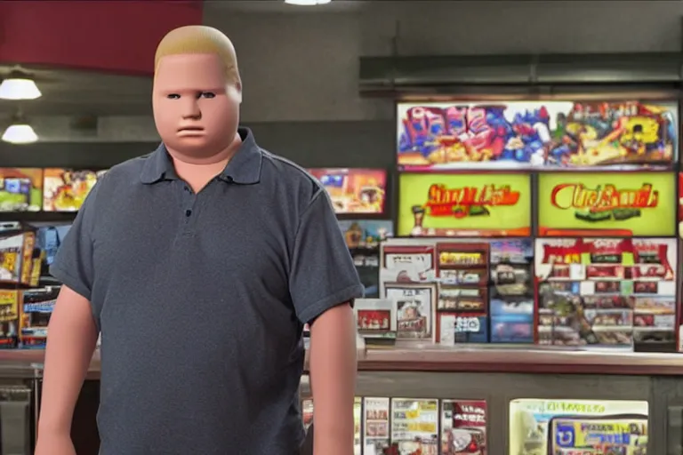 Image similar to bobby hill from king of the hill working behind the counter of a game stop, movie still, from the new clerks movie, 8 k, hd