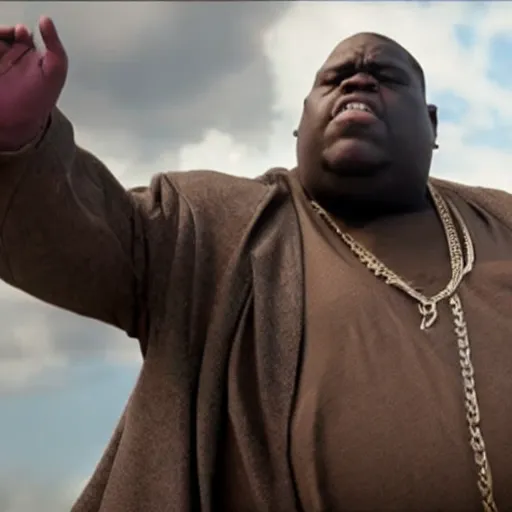 Prompt: Still of the Notorious BIG as Thanos in Avengers: Infinity War (2018)