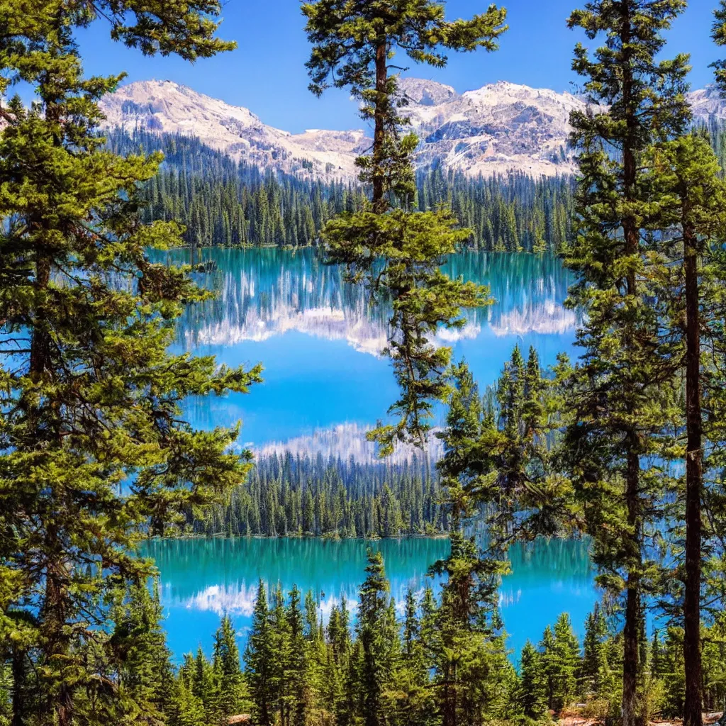 Image similar to a lake surrounded by pine trees with mountains in the background in the style of Bob Ross