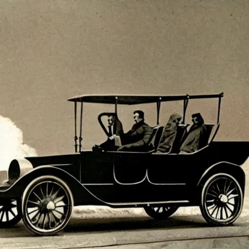 Prompt: professional colored photograph of Nikola Tesla driving a Tesla car, 8k, cinematic,