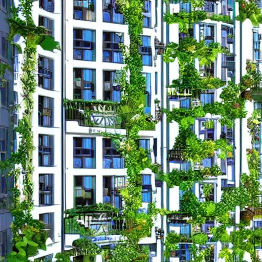 Prompt: anime of beautiful arcology apartment building with vines and hanging flowers on every balcony, lush, by studio ghibli and breath of the wild