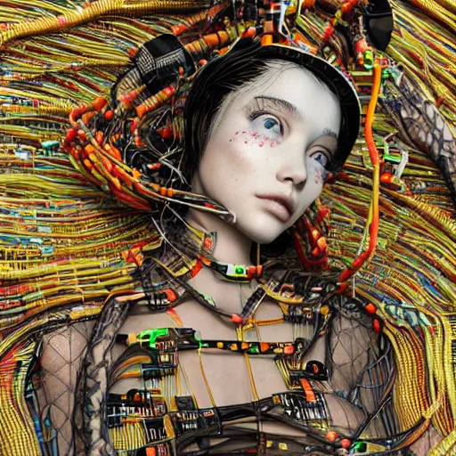 Image similar to swimming deeper into the multiverse, piles of modular synth cables mixed with mangrove roots, kawaii puerto rican goddess chilling out wearing a headpiece made of circuit boards, by cameron gray, wlop, stanley kubrick, masamune, hideki anno, jamie hewlett, unique perspective, trending on artstation, 3 d render, vivid