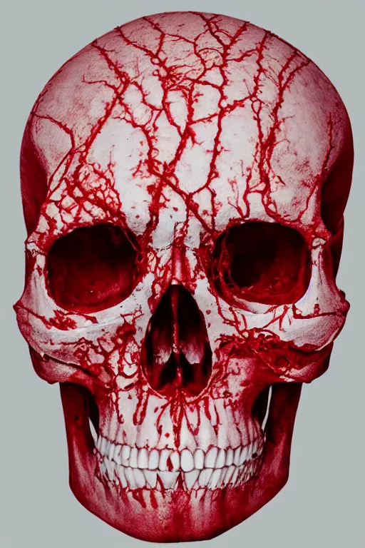Image similar to portrait of a white skull covered in intricate red veins, studio lighting, dramatic lighting, realistic