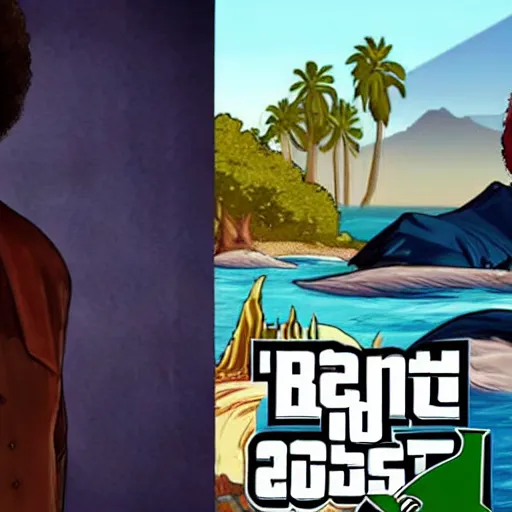 Prompt: Bob Ross as a character in GTA V, cell shaded loading screen art