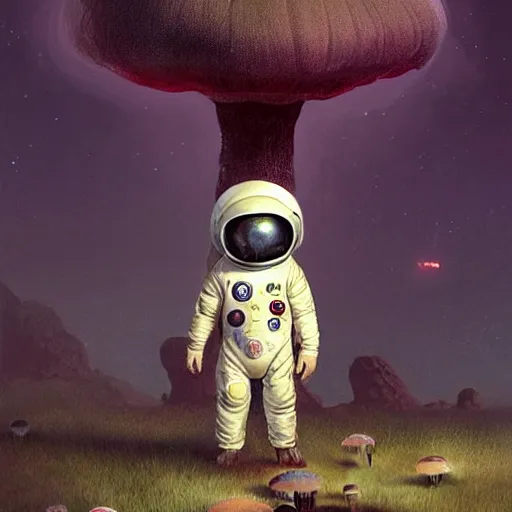 Prompt: A little boy wearing his space suit on a mushroom planet of some sort, Graceful body structure,cute,Symmetrical face,highly detailed,elegant,Marc Simonetti and Caspar David Friedrich, Trending on artstation