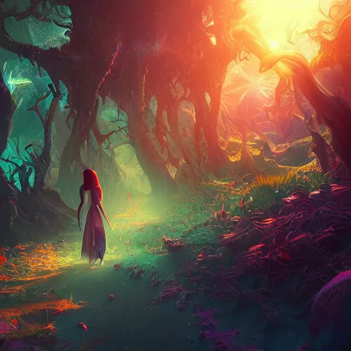 Image similar to Vampire traveling through a beautiful psychedelic world, intricate, elegant, fantasy, highly detailed, digital painting, concept art, sharp focus, illustration, beautiful volumetric lighting, epic light, artstation, magic hour lighting, colorful, sunshine, springtime, art by Sylvain Sarrailh