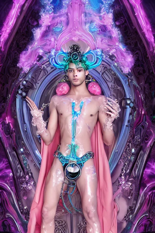 Prompt: photo of full-body rococo and cyberpunk delicate neon crystalline sculpture of ((handsome muscular onyx albino prince Zayn Malik)) as an blue iridescent humanoid deity wearing ((peach plastic hooded cloak)) (holding an onyx skull) in a onyx castle dungeon, reclining, glowing pink face, crown of (pink lasers), large blue diamonds, swirling black silk fabric. futuristic elements. oozing glowing liquid, full-length view. space robots. intricate artwork by caravaggio. Trending on artstation, octane render, cinematic lighting from the right, hyper realism, photorealistic, octane render, 8k, depth of field, 3D