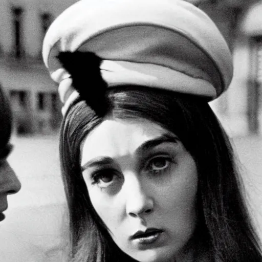 Image similar to still from a masterpiece 1 9 6 0 s french art film, very beautiful and elegant girl in beret with large eyebrows with an angry expression while talking to a man, moody lighting, viewed from afar, cinematic shot, the movie is in color, communist aesthetic