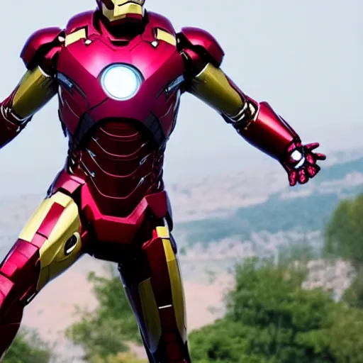 Image similar to a still from the movie iron man, starring kevin sorbo as iron man. movie still, 4 k.