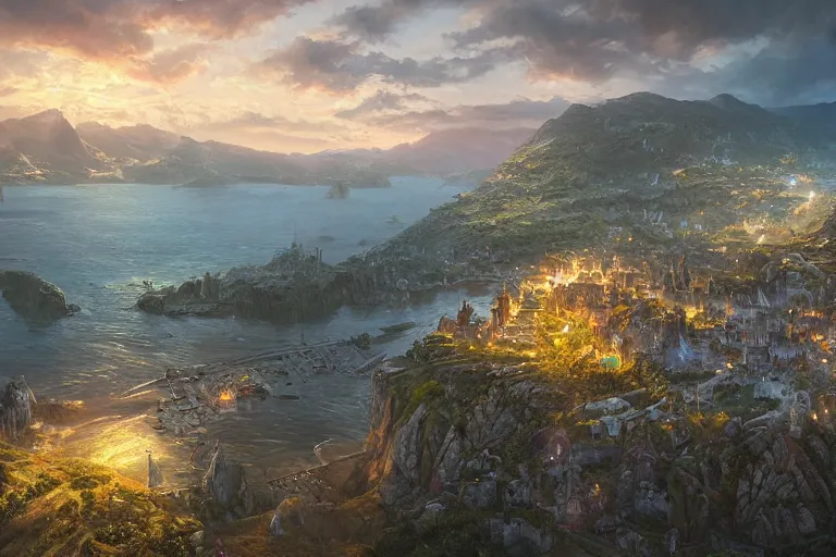 Image similar to high aerial shot, fantasy landscape, sunset lighting ominous shadows, cinematic fantasy painting, dungeons and dragons, a charming port town surrounded by gentle hills, harbor, bay by jessica rossier and brian froud
