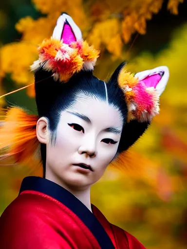 Image similar to full - color photo of a beautiful japanese kitsune goddess doing a ritual dance in a windy inari shinto shrine in kyoto full of autumn leaves. she is a human woman with fox - ears, a fox - tail, hands that are fox - paws, sharp fox - teeth, and a fox - nose. highly - detailed ; professional portrait photography.