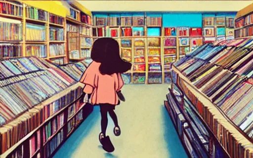 Image similar to a girl in a record store, art by hayao miyazaki, studio ghibli film, wide shot, hi res, 4k