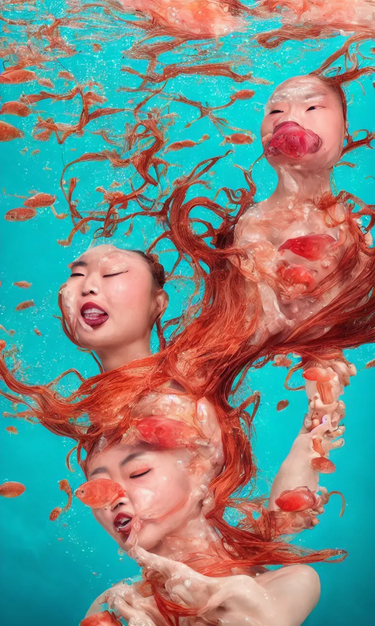 Image similar to head fish Chinese woman body surrealistic mermaid, half fish half Chinese woman , fish head, diving in the air rounded by jelly clouds made by national geographic underwater photographer 4k, 8k,