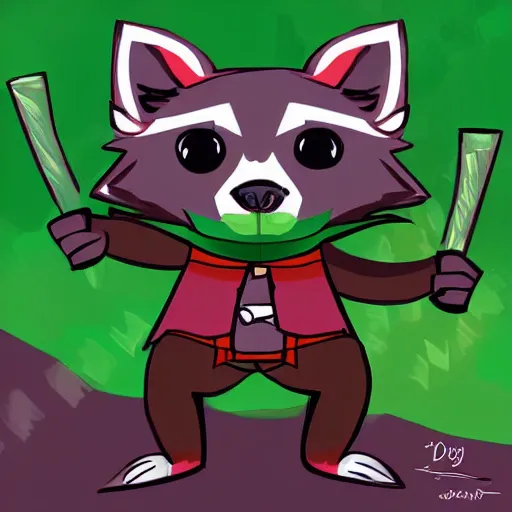 Image similar to digital art of a raccoon in a green rouge outfit duel wielding daggers