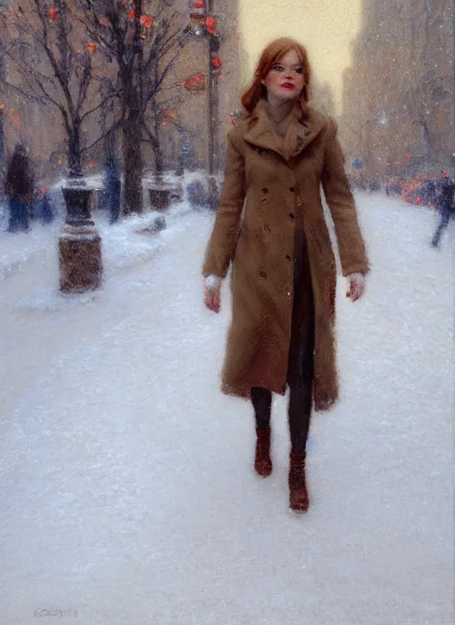 Image similar to emma stone in beige coat, portrait, walking in winter new york, snow, artwork by gaston bussiere, craig mullins, trending on artstation