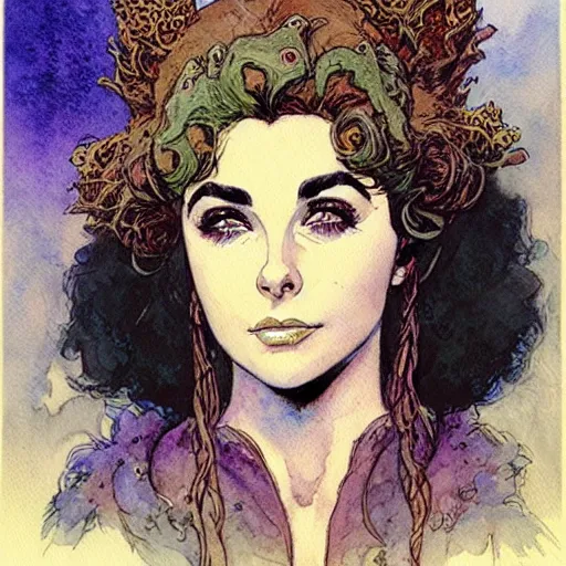 Image similar to a realistic and atmospheric watercolour fantasy character concept art portrait of young elizabeth taylor aged 2 1 as a druidic warrior wizard looking at the camera with an intelligent gaze by rebecca guay, michael kaluta, charles vess and jean moebius giraud