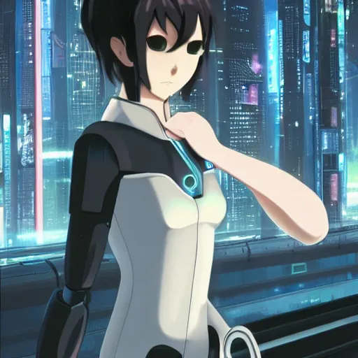 Image similar to makoto shinkai. robotic android girl. cyberpunk.