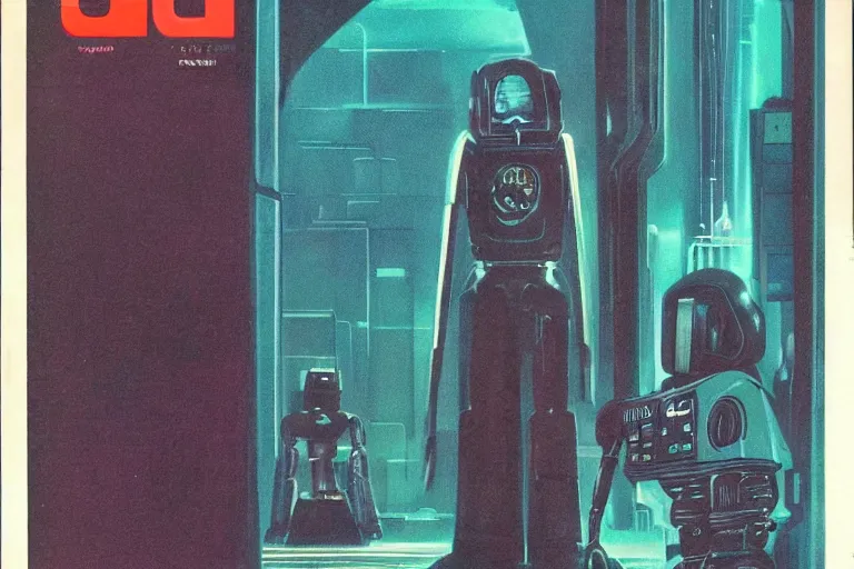 Image similar to 1979 OMNI Magazine Cover depicting a creepy imposing Robot standing in a throne room. Cyberpunk Akira style by Vincent Di Fate