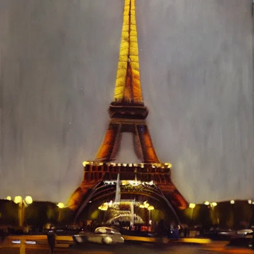 Image similar to an oil painting of the eiffel tower on a dark stormy evening utilizing volumetric lighting