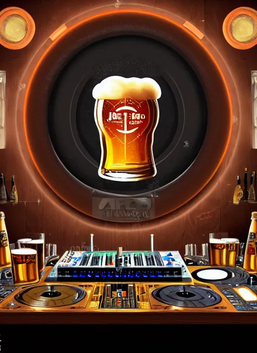 Prompt: image of large pint of beer large technics dj table front of picture, large beer glasses, strudels and birthday presents all around, dark backround, highly detailed, digital illustration, trending in artstation, classical painting, smooth, sharp focus, intricate, einar jonsson and bouguereau