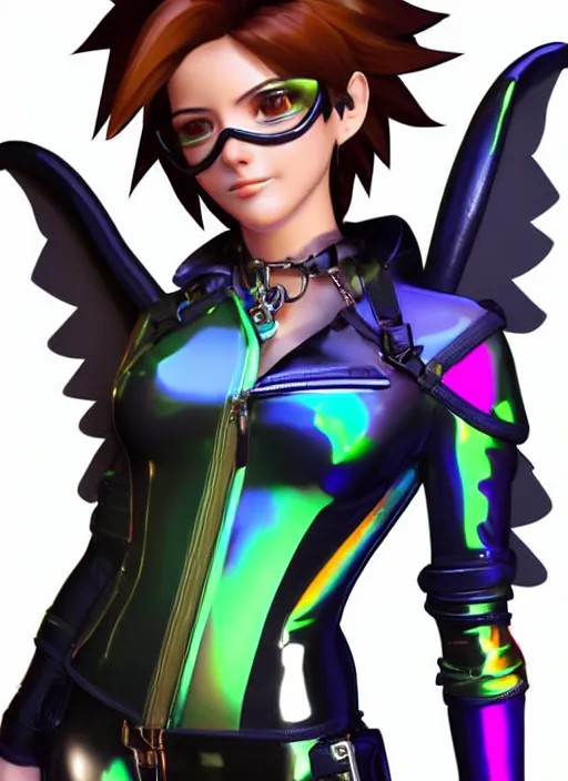 Image similar to portrait bust digital artwork of tracer overwatch, wearing iridescent rainbow latex and leather straps catsuit outfit, in style of mark arian, angel wings, wearing detailed leather collar, chains, black leather harness, detailed face and eyes,