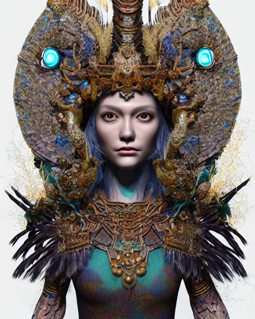 Prompt: 3 d warrior goddess medium shot portrait. beautiful hyperrealistic intricate highly detailed magpie helm and richly embroidered blouse, quetzalcoatl, bioluminescent, curious, kintsugi, plasma, lava, ice, feather, artwork by tooth wu and wlop and chiara bautista, octane 3 d render