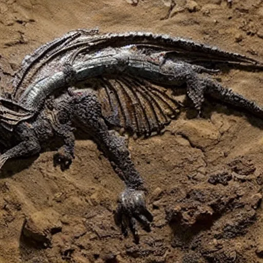 Prompt: fossilized remains of a dragon found during mining operation