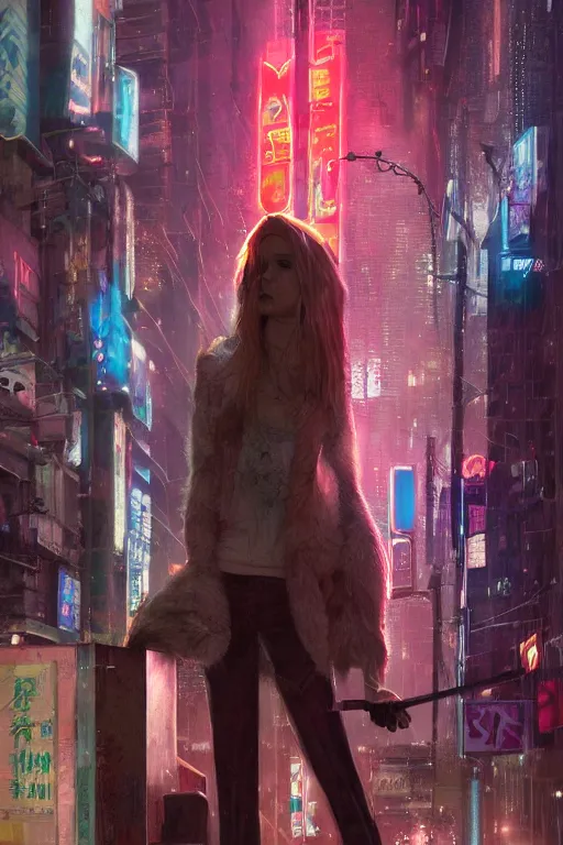 Image similar to beautiful portrait of a tall white female anthro fox smoking a cigarette towering head and shoulders above the bustling crowd of a rainy city street around her, cyberpunk clothes, harsh neon lights, highly detailed, sharp focus, digital painting, illustration, trending on artstation, art by sakimichan, wlop, greg rutkowski