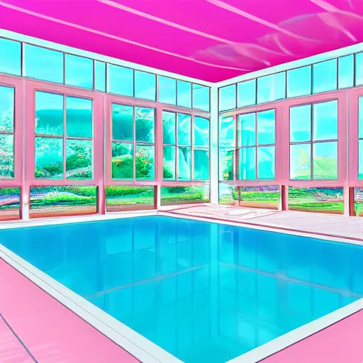 Prompt: A sunlit indoor lounge area with a pool with clear water and another pool with translucent pastel pink water, next to a big window, digital art