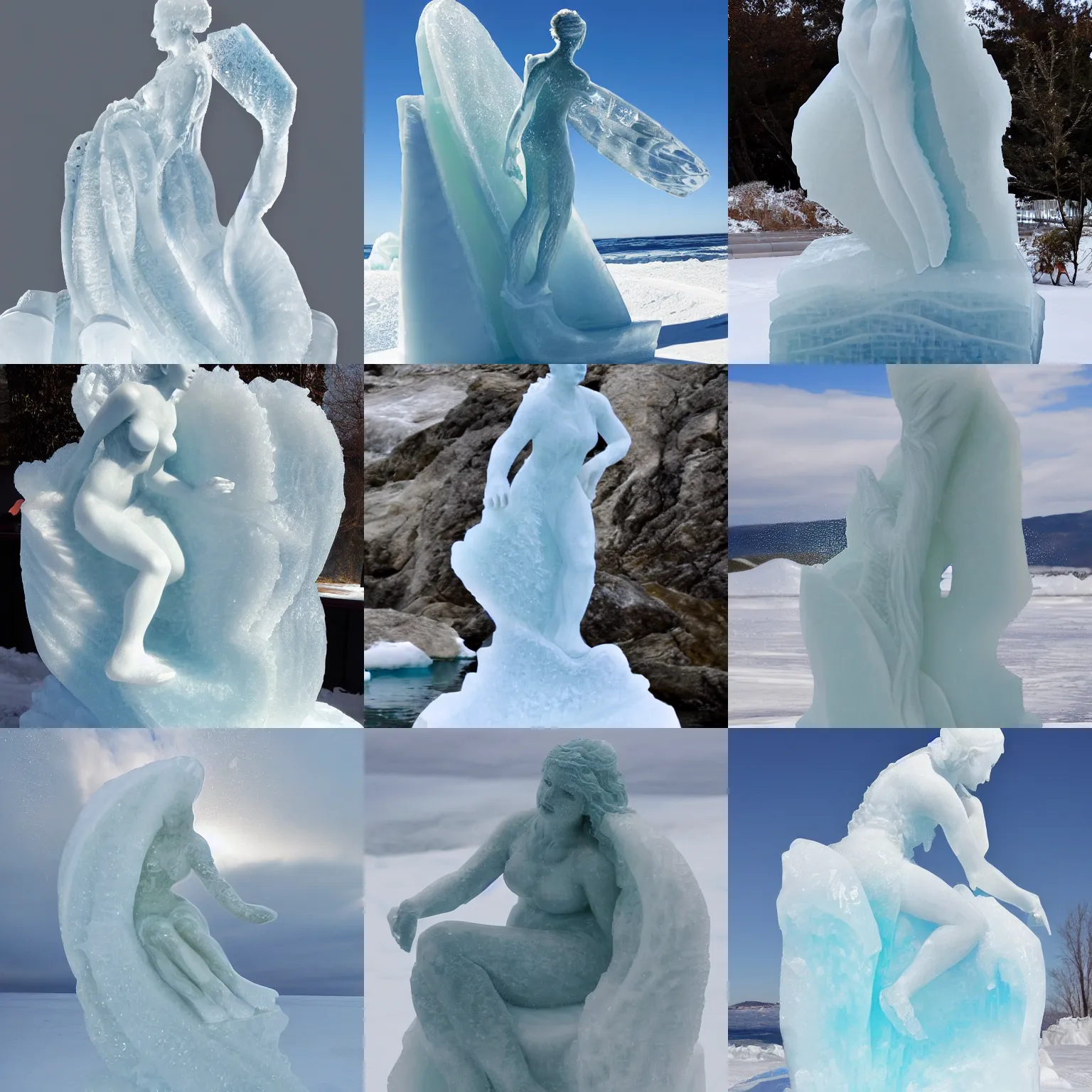 Prompt: an ice sculpture of a female wave surfing, rodin, high detail,