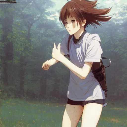 Image similar to a girl is running, sport clothing, range murata, anime style, brown short hair, hair down, symmetrical facial features, from arknights, hyper realistic, rule of thirds, extreme detail, detailed 4 k drawing, safebooru, realistic lighting, by alphonse mucha, greg rutkowski, backlit