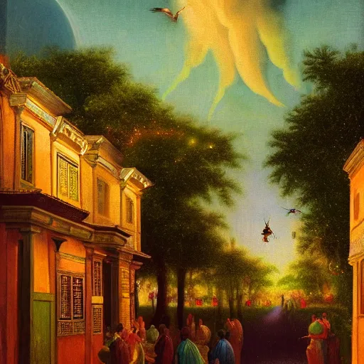 Prompt: cloud of hovering jewel - colored hummingbirds with milky eyes on a byzantine architecture city street at night with rainforest greenery, hudson river school style