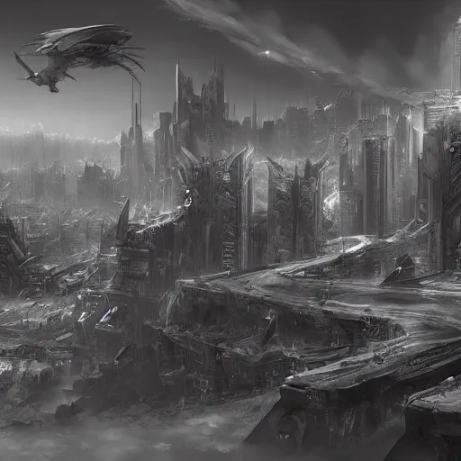 Prompt: landscape of apocalypse city, grayscale, by stanley artgerm lau