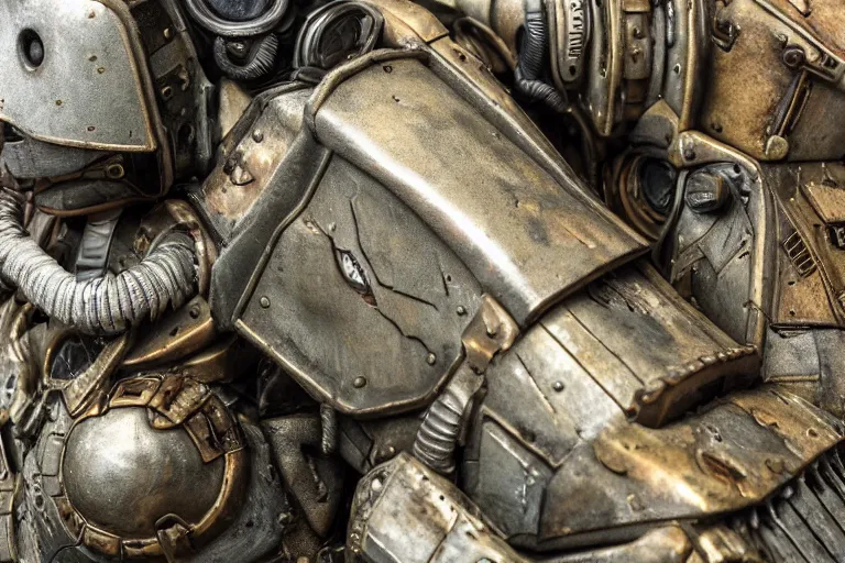 Image similar to low angle wide shot photo taken of an epic intricate, ultra detailed, super realistic gritty, hero prop, exquisitely weathered very clunky, bulky fallout 5 power armour suits movie prop replica's in a row in the workshop, created by weta workshop, full body shot, photorealistic, sharp focus, white wall, cold colour temperture, golden ratio