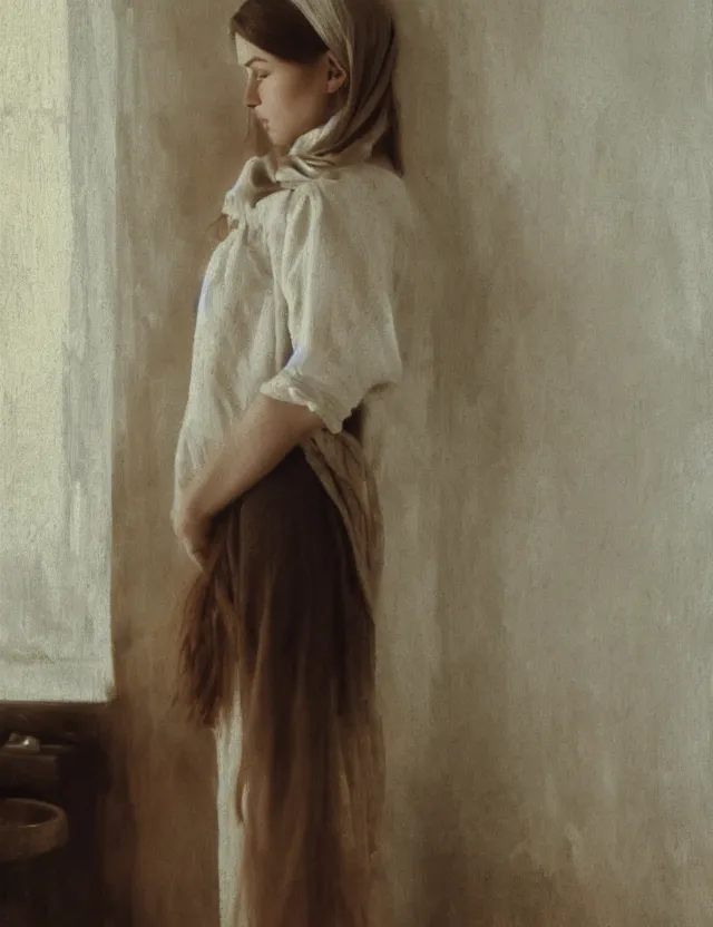 Image similar to portrait of beautiful peasant girl with long hair in a bathroom, minimalistic interior, soviet style, Cinematic focus, Polaroid photo, vintage, neutral colors, soft light, foggy, by Steve Hanks, by Serov Valentin, by lisa yuskavage, by Andrei Tarkovsky 8k render, detailed, oil on canvas