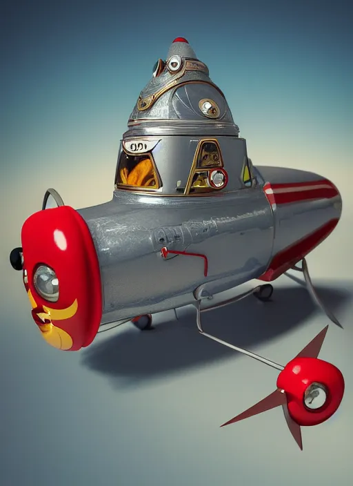 Prompt: closeup of a tin toy retro rocket spaceship, depth of field, zeiss lens, detailed, symmetrical, centered, fashion photoshoot, by nicoletta ceccoli, mark ryden, lostfish, earl nore, hyung tae, frank frazetta, breathtaking, 8 k resolution, extremely detailed, beautiful, establishing shot, artistic, hyperrealistic, octane render