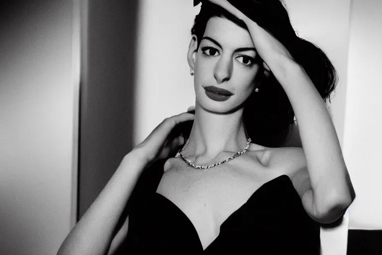 Prompt: beautiful medium shot of anne hathaway in a film noir ; grainy black and white movie still