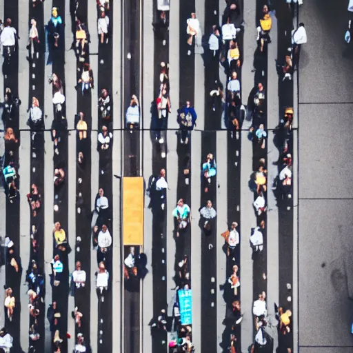 Prompt: aerial view of people walking through pedestrian, directly above