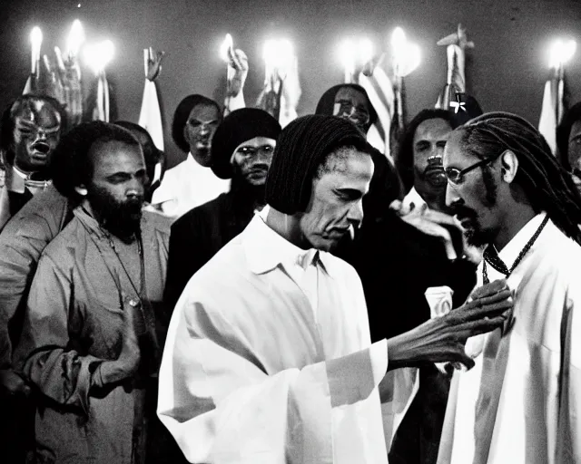 Image similar to obama the snoop dogg pinmp. casting a holy spell on a believer. seance at a megachurch. 1970's blaxpoitation scene