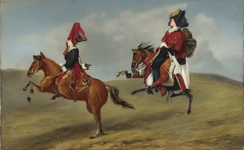 Image similar to woman in napoleonic dress standing on the back of a galloping horse on a battlefield