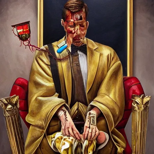 Image similar to hyper realistic painting of a handsome man symmetrical, sitting in a gilded throne, tubes coming out of the man's arm with blood, getting a blood transfusion from a baby, bloody ivs, plague doctor in the background created by wes andersson