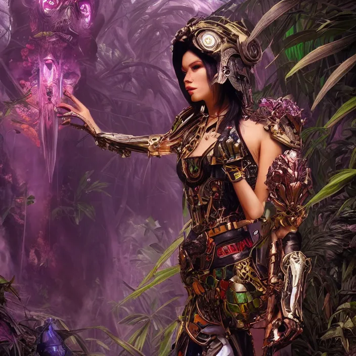 Image similar to mystical evil android queen with obsidian eyes, wearing an elaborate helmet, in a jungle, octane render, 8 k, unreal engine, by todd mcfarlane and artgerm and greg rutkowski and alphonse mucha