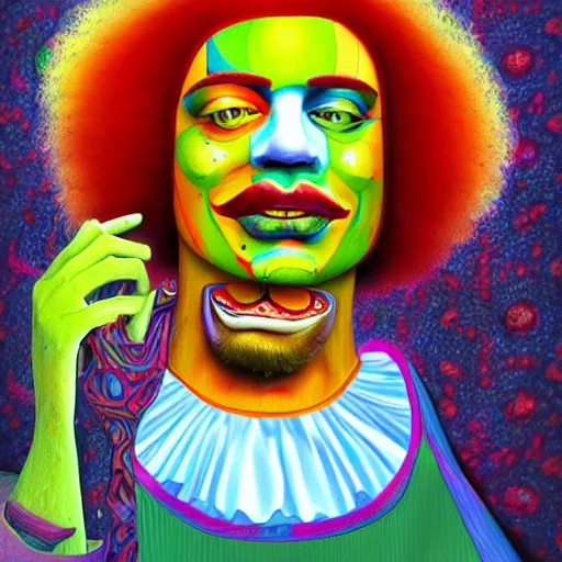 Image similar to An extremely psychedelic portrait of Ronald McDonald, surreal, LSD, face, detailed, intricate, elegant, lithe, highly detailed, digital painting, artstation, concept art, smooth, sharp focus, illustration