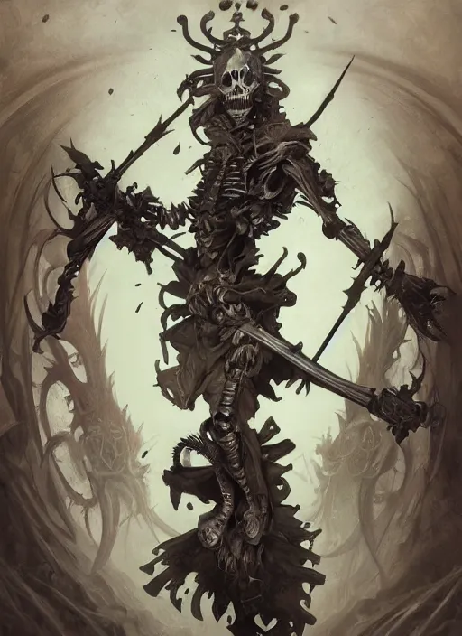 Image similar to Skeleton warrior, symmetrical, D&D character art, portrait, digital painting, Nekro, Peter Mohrbacher, Alphonse Mucha, Brian Froud, Yoshitaka Amano, Kim Keever, Victo Ngai, James Jean