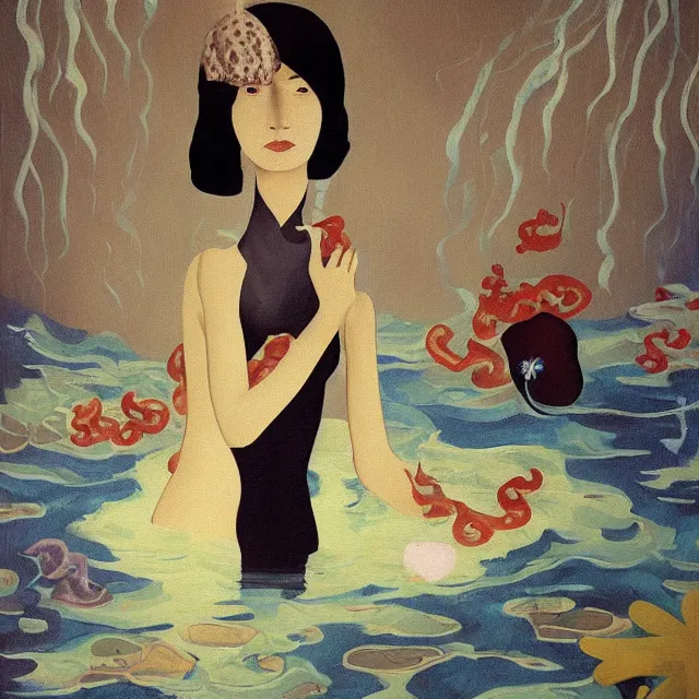 Image similar to tall emo female artist holding a blue starfish in her flooded kitchen, pomegranates, octopus, water gushing from ceiling, painting of flood waters inside an artist's apartment, a river flooding indoors, ikebana, zen, rapids, waterfall, black swans, canoe, berries, acrylic on canvas, surrealist, by magritte and monet